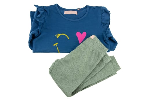 Childrens blue sweater with long sleeves and grey leggings for girl folded and isolated on white. Fashion for children.