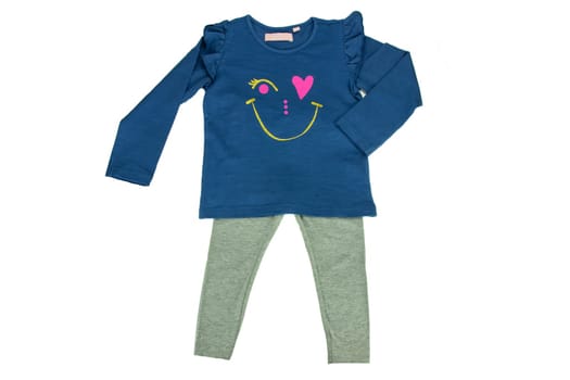 Childrens blue sweater with long sleeves and grey leggings for girl isolated on white. Fashion for children.