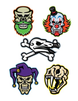 Mascot icon illustration set of skull heads and bones of a bearded hipster skull, whiteface clown skull, vulture or condor with crossed bones, court jester or joker skull and saber-toothed cat  viewed from  on isolated background in retro style.