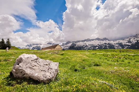 Mountain range landscape. Plateau of Montasio, Italian Alps.
