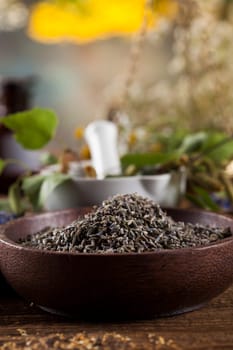 Herbs, berries and flowers with mortar, on wooden table background