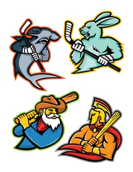 Mascot icon illustration set of  baseball and ice hockey team mascots showing a hammerhead shark and jackrabbit or hare ice hockey player, miner and Trojan or Spartan warrior baseball player viewed from side  on isolated background in retro style.
