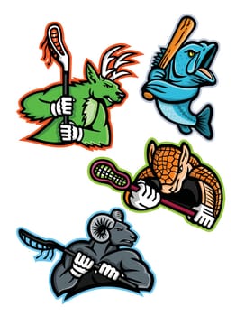 Mascot icon illustration set of  lacrosse and baseball sporting sports team mascots like  a stag deer, armadillo and bighorn ram, mountain goat lacrosse players and a largemouth bass baseball player on isolated background in retro style.