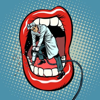 dentist jackhammer drilling teeth. Pop art retro vector illustration kitsch vintage