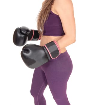 A closeup of the gorgeous body of a boxing woman in exercise outfit.and with black boxing gloves, isolated for white background.