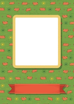 Funny greeting card. Cartoon red pigs with yellow decor. Yellow frame for custom photo. Red banner for custom text. Green background