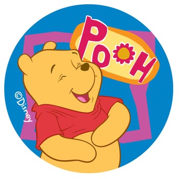 Winnie the Pooh bear cartoon head guffaw blue pink illustration