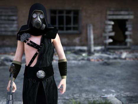 3D rendering of a man wearing a gas mask and holding a rifle in a futuristic dystopian world. Ruined building in the background.