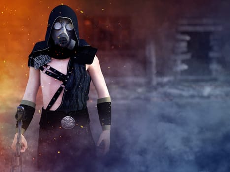 3D rendering of a man wearing a gas mask and holding a rifle in a futuristic dystopian world. Smoke and fire and ruined buildings in the background.