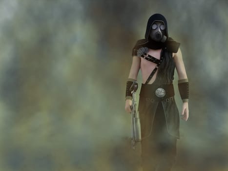 3D rendering of a man wearing a gas mask and holding a rifle in a polluted futuristic dystopian world. Toxix smoke all around him.