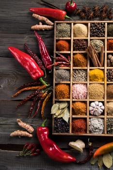 Close-up of different types of Assorted Spices in a wooden box