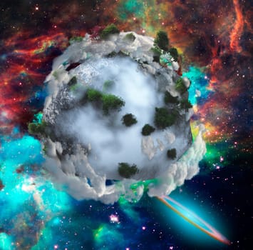 Abstract exoplanet. Nebulae, stars, galaxies. Vivid colors.