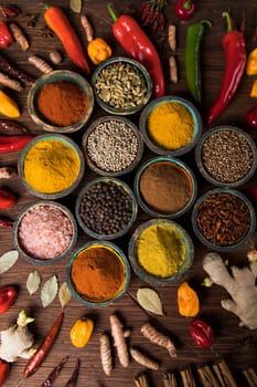 Spices on wooden bowl background