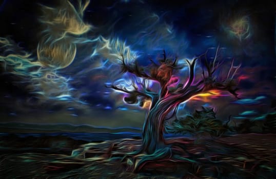 Surreal painting. Old tree, full moon and mystic clouds in the sky.
