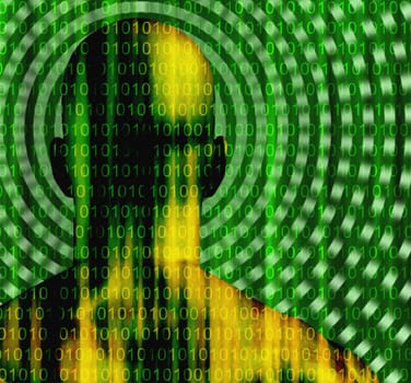 Surreal digital art. Well built man with binary code on a skin.
