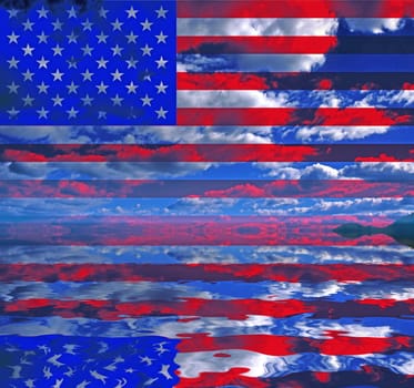 Surreal digital art. USA Flag over clouds reflected in the water.