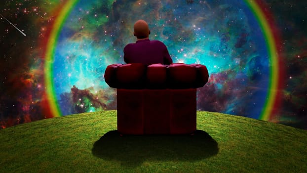 Surreal composition. Man sits in red armchair and observes vivid galaxy. 3D rendering