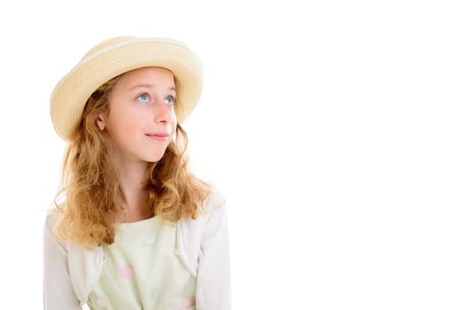 nice girl with blond hair in white dress and straw hat