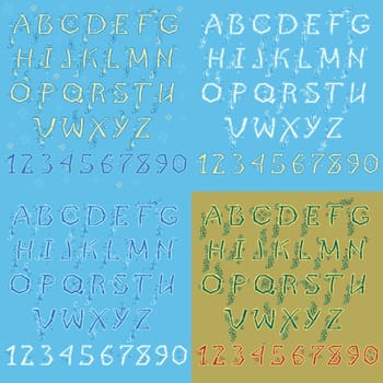 Set of Letters and Numbers. Blue and White Winter Alphabets. Green Christmas Font with Red Numerals. Illustration