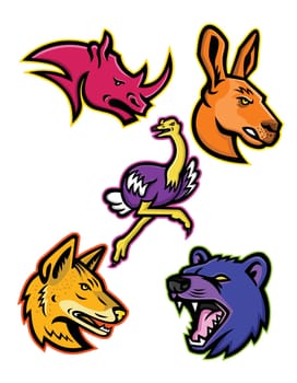 Mascot icon illustration set of African and Australian wildlife animals like the rhino or rhinoceros, kangaroo, common ostrich, Arabian wolf and the Tasmanian devil viewed from side on isolated background in retro style.