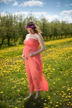Meadow, Young beautiful pregnant woman