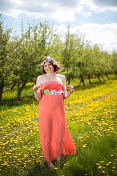 Beautiful pregnant woman in the meadow
