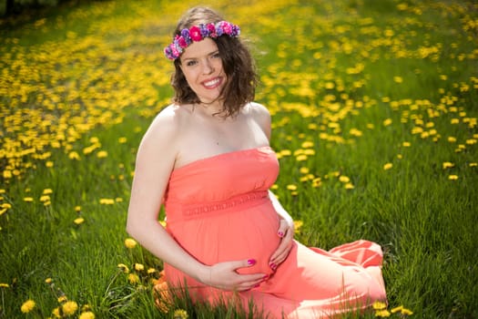 Meadow, Young beautiful pregnant woman