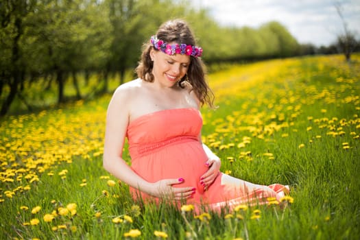 Meadow, Young beautiful pregnant woman