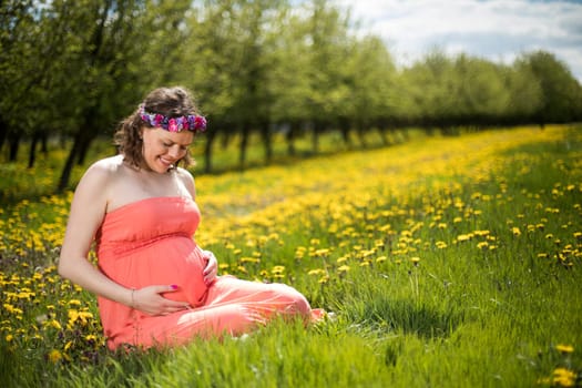 Meadow, Young beautiful pregnant woman