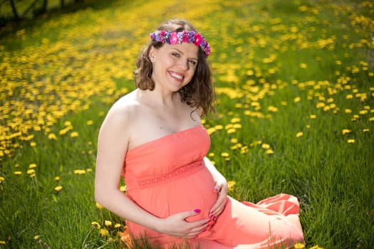Meadow, Spring, Young beautiful pregnant woman
