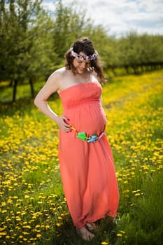 Meadow, Young beautiful pregnant woman