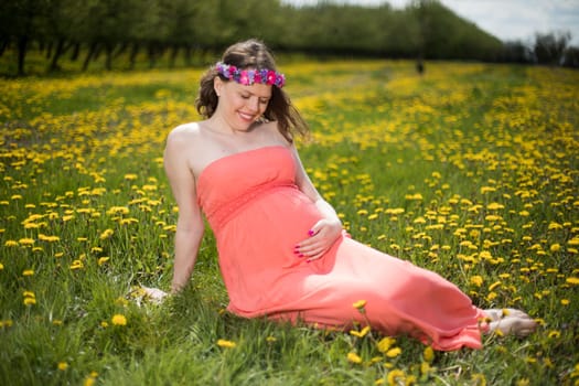 Meadow, Spring, Young beautiful pregnant woman