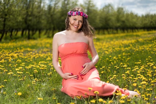 Meadow, Young beautiful pregnant woman