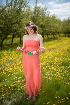 Meadow, Spring, Young beautiful pregnant woman