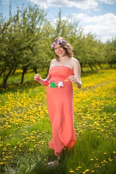 Meadow, Spring, Young beautiful pregnant woman