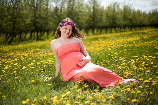 Beautiful pregnant woman in the meadow