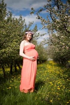 Young beautiful pregnant woman, blooming garden