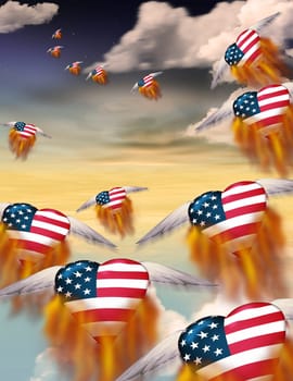 Winged flaming hearts in USA national colors fly into the sky