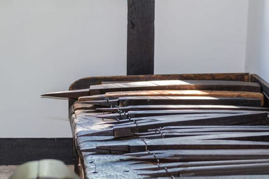 View into an old workshop of a file maker with different tools.