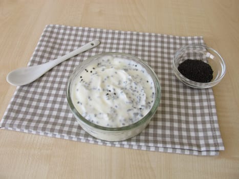Yogurt dessert with basil seeds