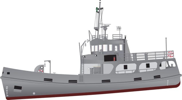 A detailed illustration of a Navy Support Ship equipped for diving and salvage with grey livery and red oxide boot topping and an array of radar navigation equipment and recovery cranes isolated