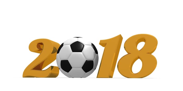 Golden 2018 with a soccer ball on a white background, 3d rendering