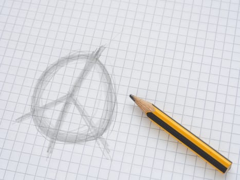 Hand drawn peace sign on checkered paper with a pencil and space for text