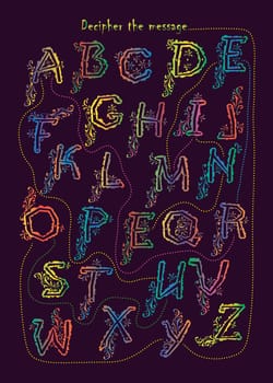Artistic alphabet with encrypted romantic message - You are mine. Colorful letters with graceful decor. Black background.  Illustration