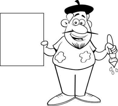 Black and white illustration of an artist holding a sign.