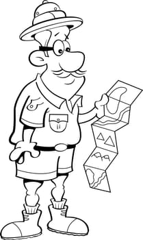 Black and white illustration of an explorer looking at a map.