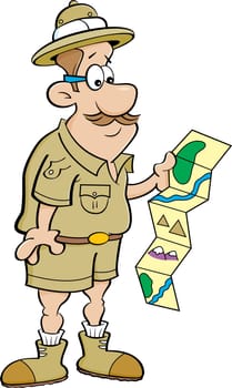 Cartoon illustration of an explorer looking at a ma