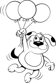 Black and white illustration of a dog holding balloons.