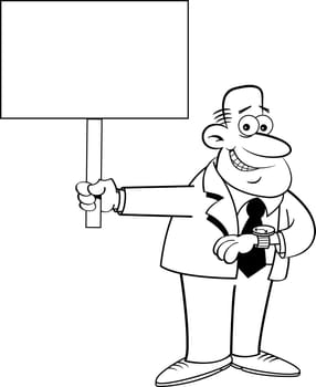 Black and white illustration of a man looking at his watch and holding a sign.