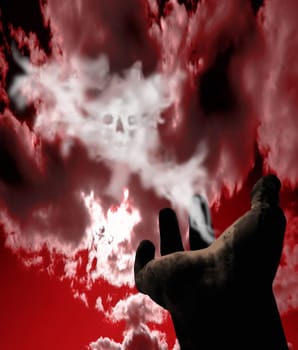 Plague hand, skull in red sky